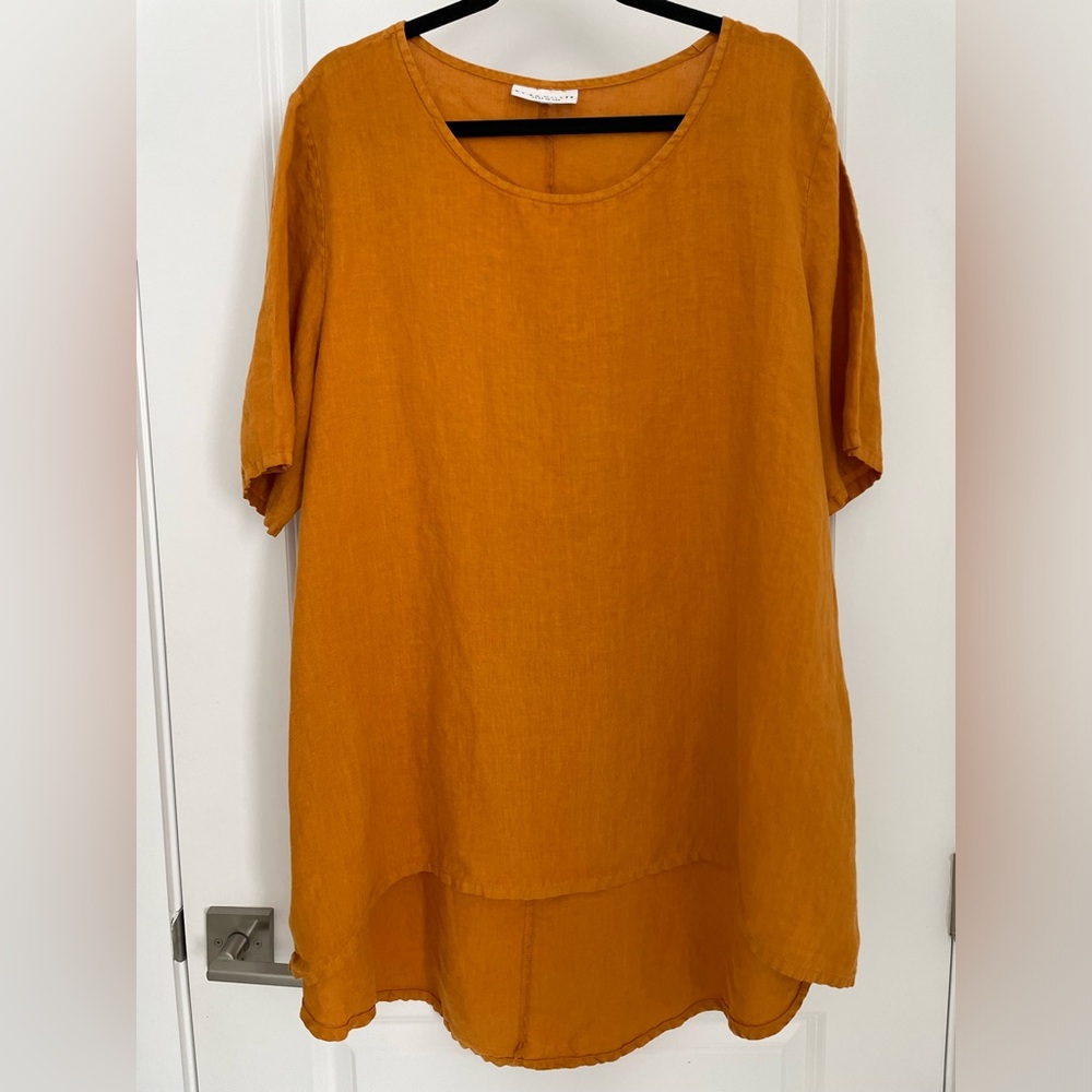 Bryn Walker Lagenlook Linen Tunic Dress Large, Ursinia Orange Made in USA L14